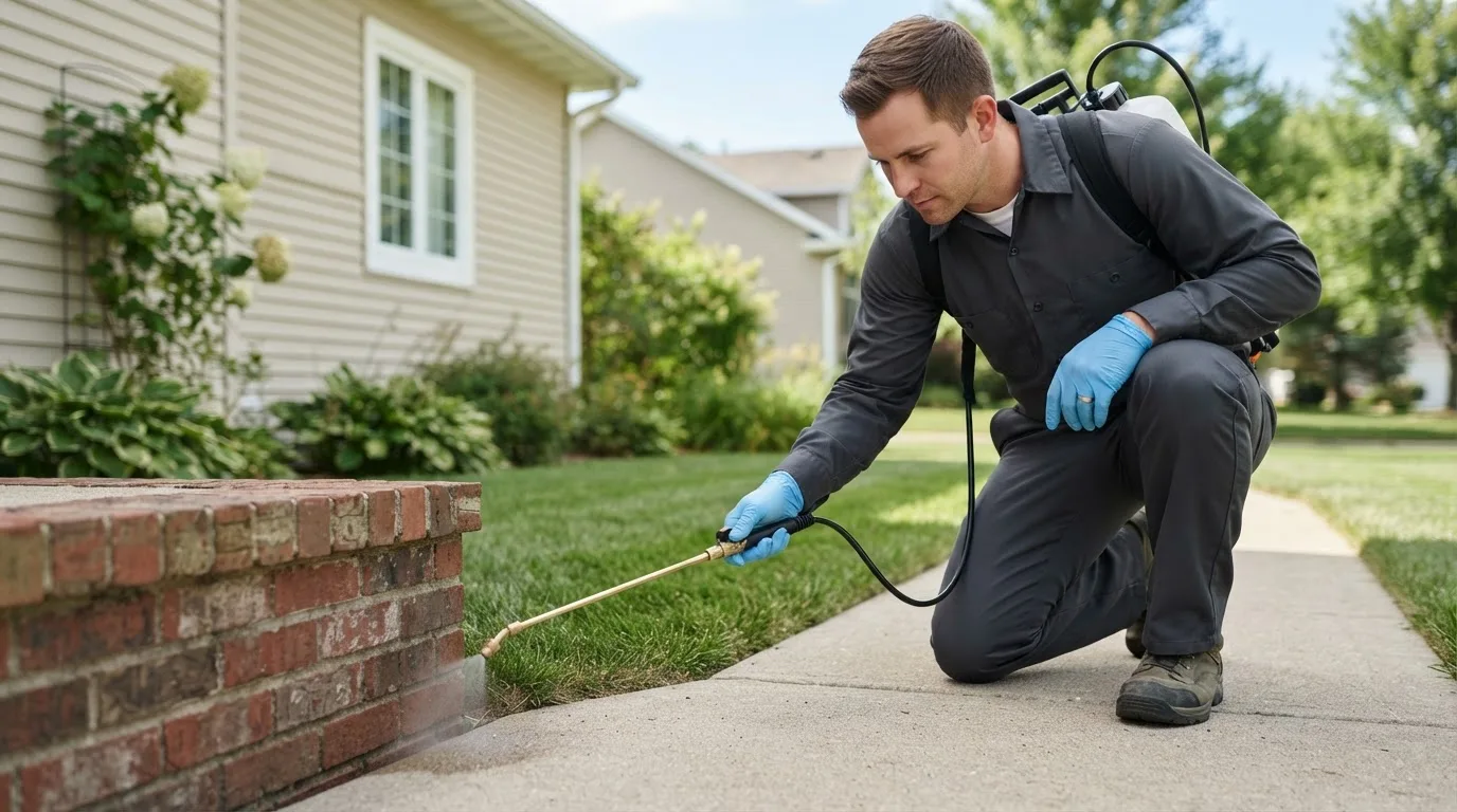 Pest control technician treating a home near Lyman, ME