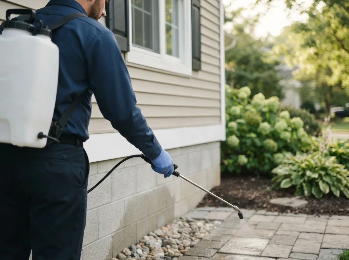 Pest control technician inspecting a home in Lyman, ME